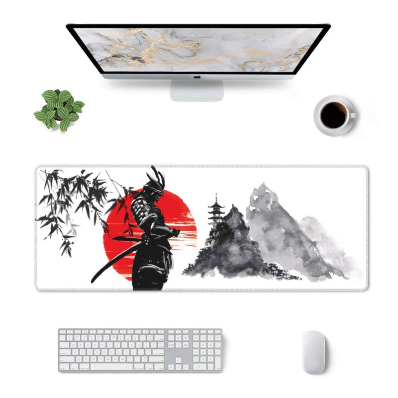 Yilad Watercolor Japanese Samurai Bushido Gaming Mouse Pad XL  Non Slip Rubber Base Mousepad  Stitched Edges Desk Pad  Extended Large Mice Pad 31.5 X 11.8 Inch - Image 3